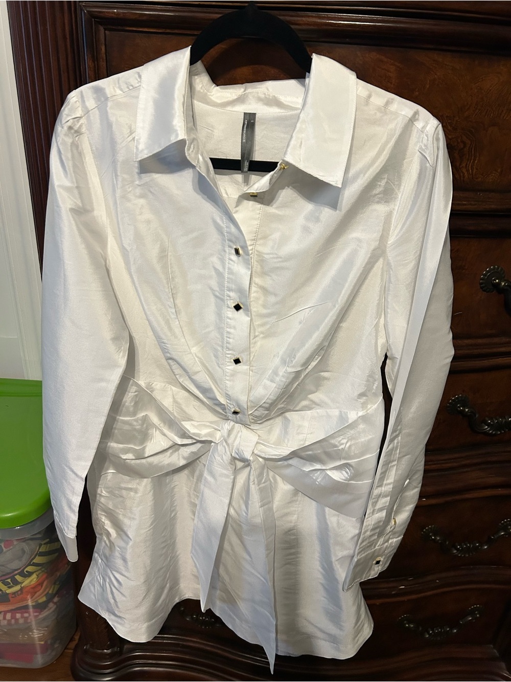 Anthropologie White Satin Tie-Waist Button Front Dress